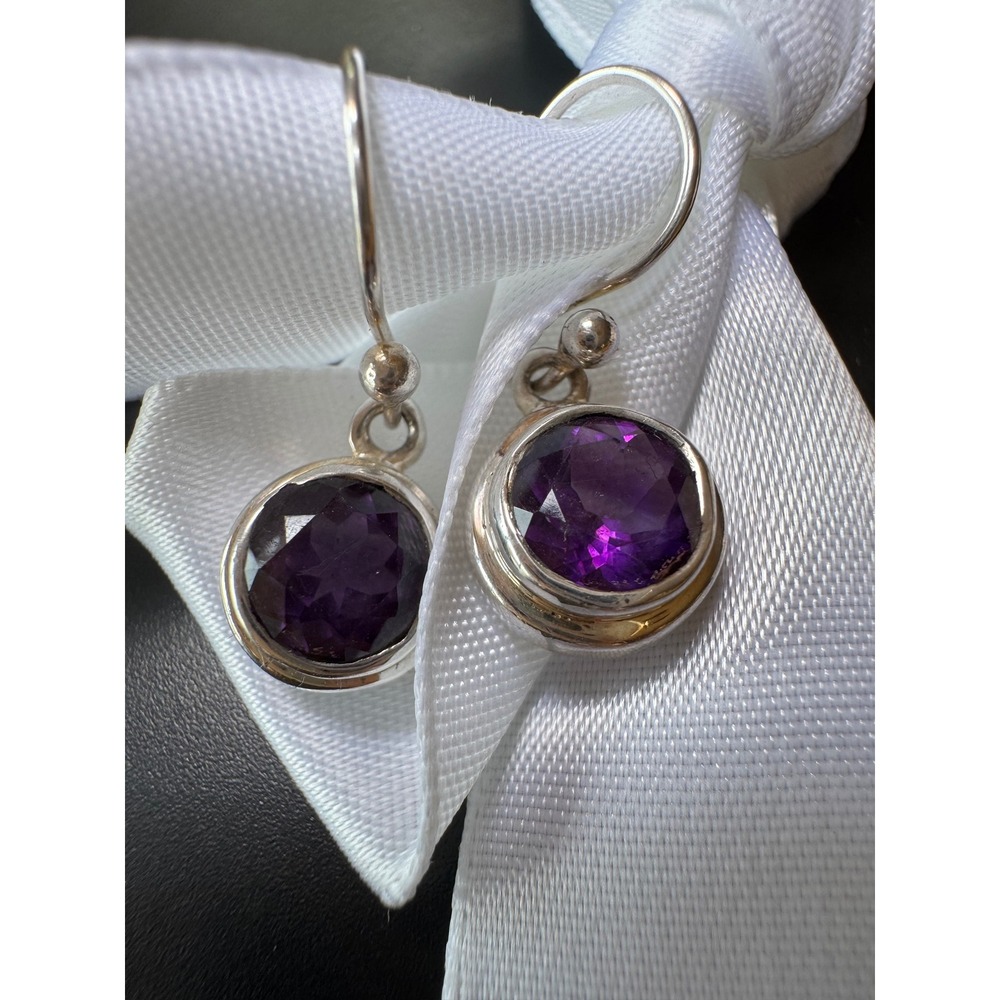 Sterling Silver Round Amethyst Bezel Set Dangle Drop Earrings Purple Gemstone